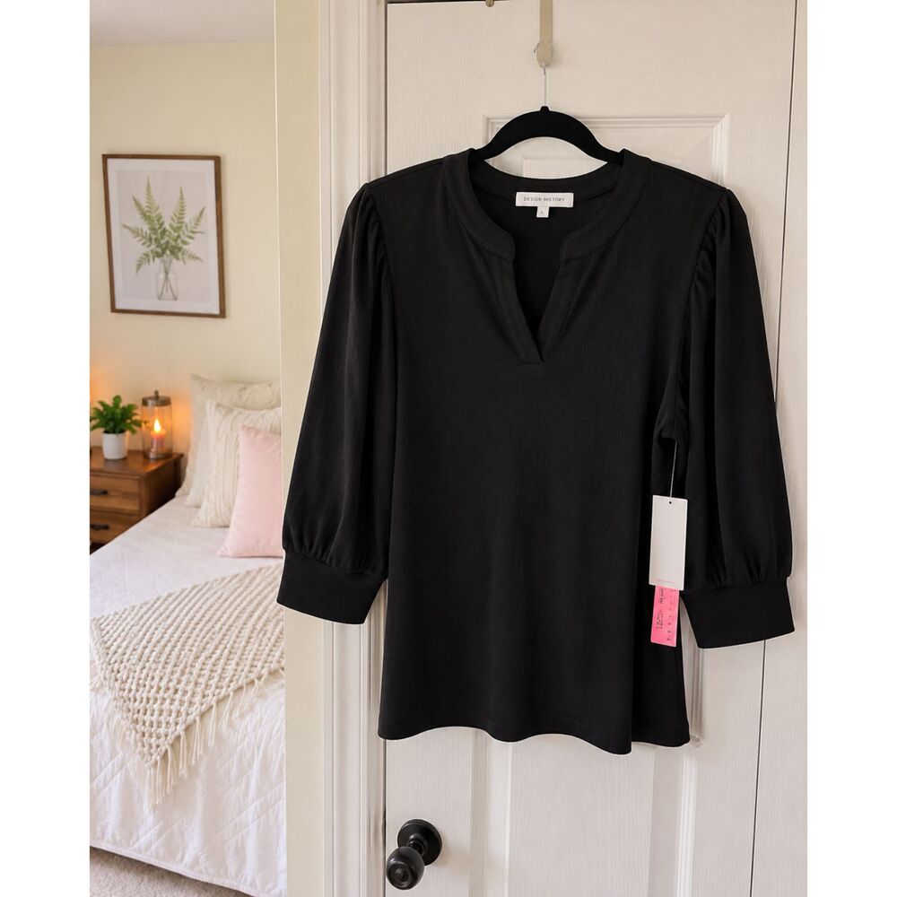 Design History Quinley Split Neck Long Sleeve Top Black Large NWT